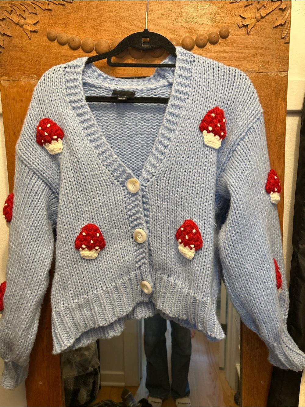 Lumiere Light Blue Chunky Knit Cardigan with Red Mushroom Appliqués